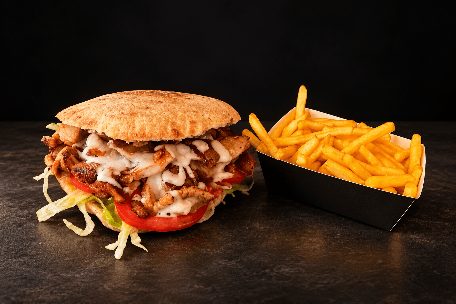 Panino kebab accompagnato da una porzione di patatine